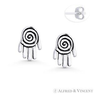 Hamsa Hand Evil Eye Luck Charm Stud Earrings in Oxidized .925 Sterling Silver